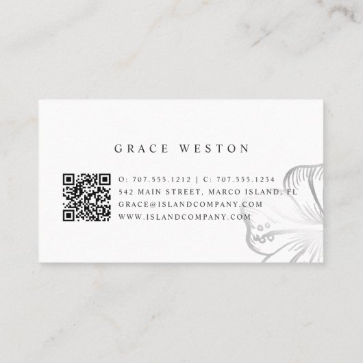 Eleganter Silver Tropical Hibiskus Blume QR Code Visitenkarte (Rückseite)