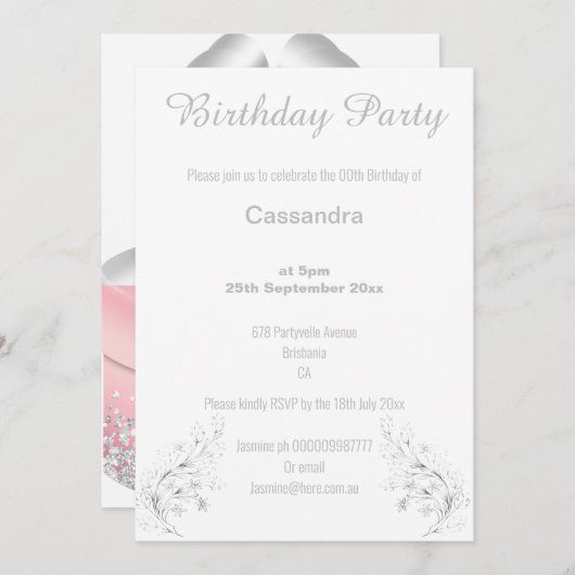 ELEGANTER SILVER UND WEISSER GLITZER GEBURTSTAG EINLADUNG (Vorne/Hinten)