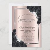 Eleganter SilverFrame, Schwarze Rose Quinceañera Einladung (Vorderseite)