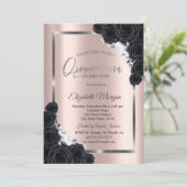 Eleganter SilverFrame, Schwarze Rose Quinceañera Einladung (Stehend Vorderseite)