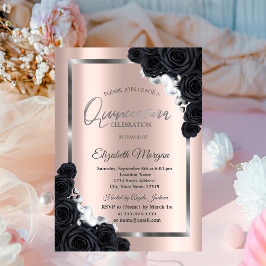 Eleganter SilverFrame, Schwarze Rose Quinceañera Einladung