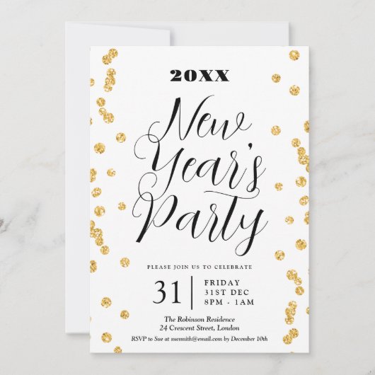 Eleganter Silvester Gold Glitzer Confetti Einladung (Vorderseite)