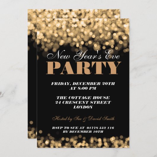 Eleganter Silvester Goldschimmernde Lichter Einladung (Vorne/Hinten)