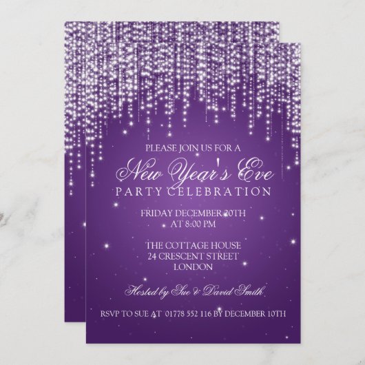 Eleganter Silvester Night Dazzle Lila Einladung (Vorne/Hinten)