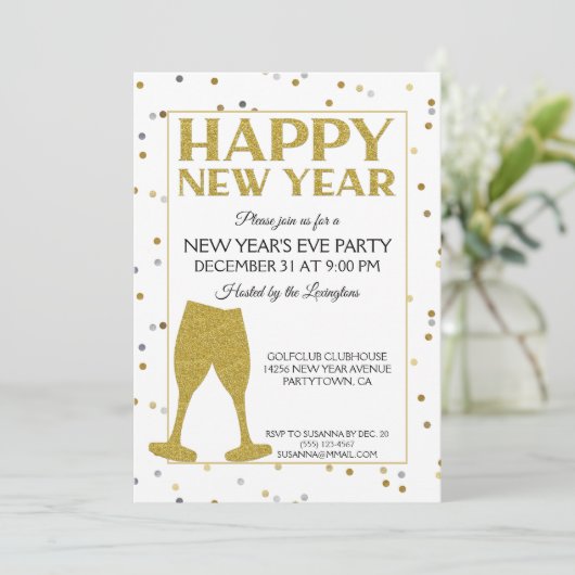 Eleganter Silvester Party Glitzer Confetti Einladung (Stehend Vorderseite)