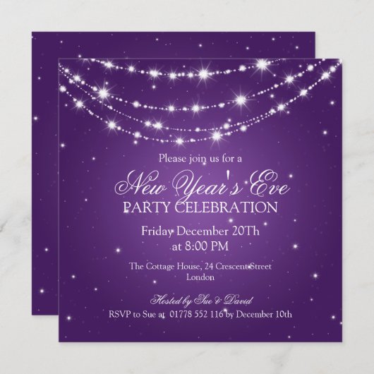 Eleganter Silvester Sparkling Chain Lila Einladung (Vorne/Hinten)