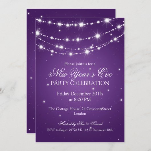 Eleganter Silvester Sparkling Chain Lila Einladung (Vorne/Hinten)