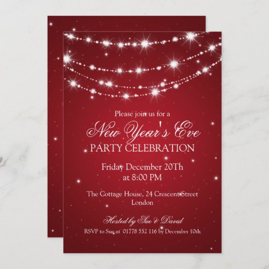 Eleganter Silvester Sparkling Chain Rot Einladung (Vorne/Hinten)