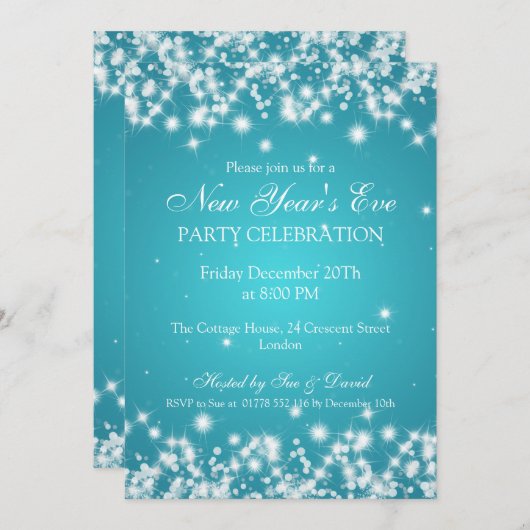 Eleganter Silvester Winter Sparkle Türkis Einladung (Vorne/Hinten)