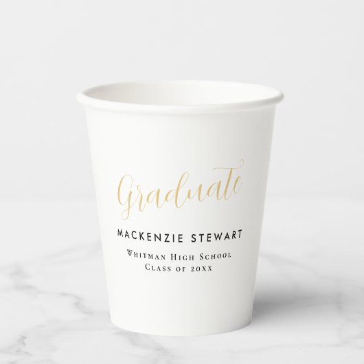 Eleganter Simple Gold Script Abschluss White Pappbecher (Vorderseite)