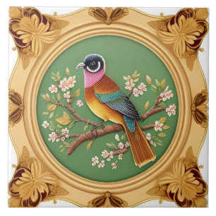 Eleganter Singvogel auf floralem Ast Fliese