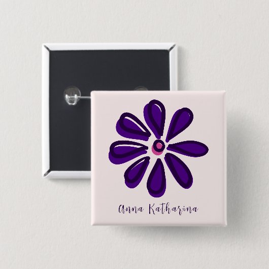 Eleganter Skriptname Lila Blume Doodle Square Button (Vorne & Hinten)