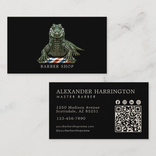 Eleganter Smaragd-Alligator-Friseur-QR-Code Visitenkarte (Vorne/Hinten)