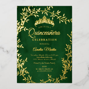 Eleganter Smaragd-Goldblatt-Kranz Quinceanera Folieneinladung