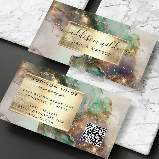 Eleganter smaragdfarbener Lila und goldener Marmor Visitenkarte