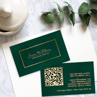 Eleganter Smaragdgrün- und Gold-Profi-QR-Code Visitenkarte