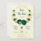 eleganter smaragdgrüner goldfarbener Blumenkranz Save The Date (Vorderseite)