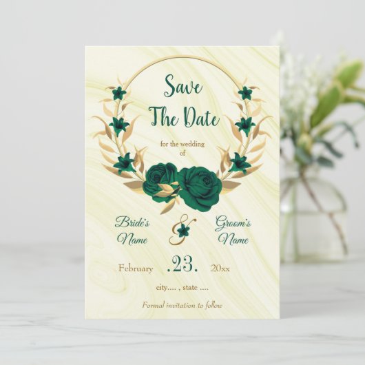 eleganter smaragdgrüner goldfarbener Blumenkranz Save The Date (Stehend Vorderseite)