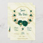 eleganter smaragdgrüner goldfarbener Blumenkranz Save The Date (Vorne/Hinten)