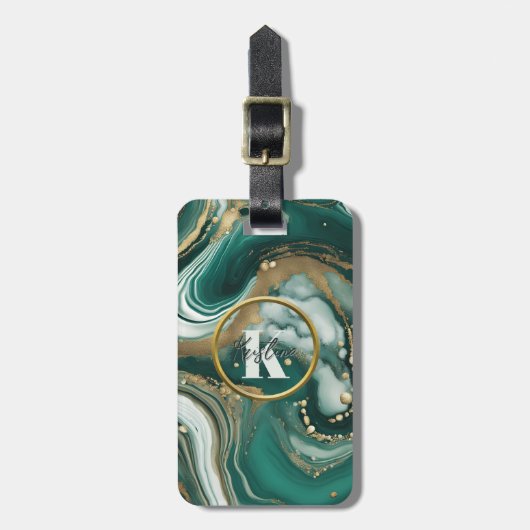 Eleganter Smaragdmarmor mit Gold Initial und Name Gepäckanhänger (Vorderseite vertikal)