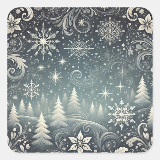 Eleganter Snowy Forest Weihnachtsfeiertag Quadratischer Aufkleber (Vorderseite)