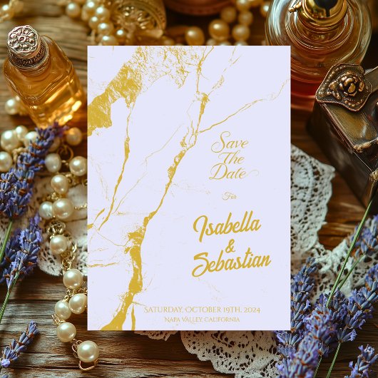 Eleganter Soft Lavendel & Gold-Marmor Save the Dat Einladung