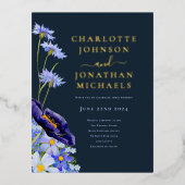 Eleganter Sommer Floral Navy Blau und Gold Folie Einladungspostkarte (Vorderseite)