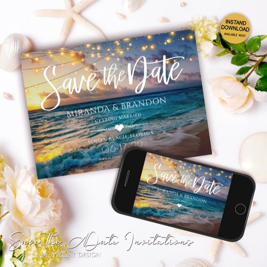 Eleganter Sommer Sonnenuntergang Strandlicht, Hoch Save The Date