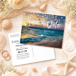 Eleganter Sommer Sunset Beach Hochzeit Save the Da Ankündigungspostkarte