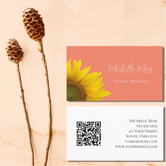 Eleganter Sonnenblumen QR-Code Blumenpfirsich Visitenkarte