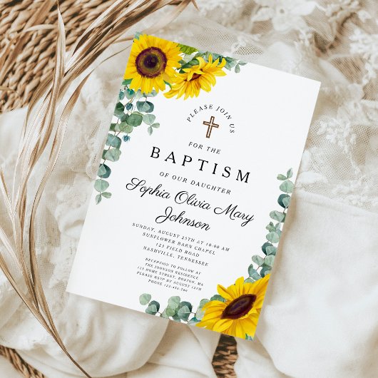 Eleganter Sonnenblumen Religiöse Taufe Einladung