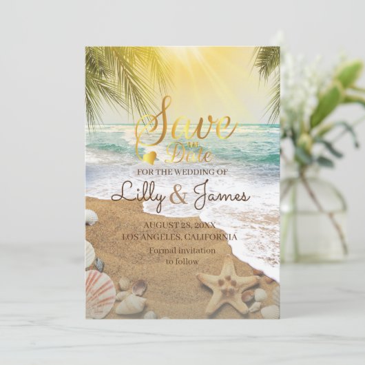 Eleganter Sonnenschein und Blue Ocean Beach Save The Date (Stehend Vorderseite)