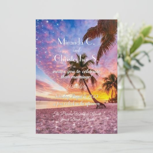 Eleganter Sonnenuntergang und Sommerhochzeit Einladung (Stehend Vorderseite)