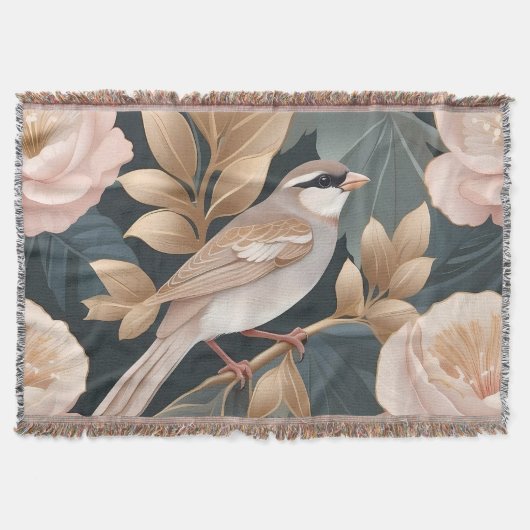 Eleganter Sparrow Rosa und Gold Floral Decke (Vorderseite)