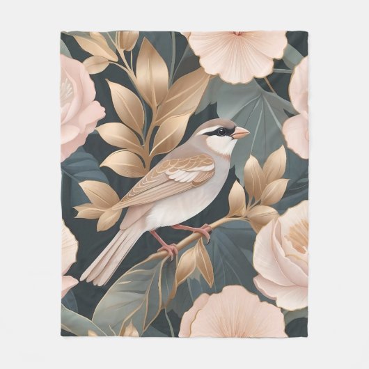 Eleganter Sparrow Rosa und Gold Floral Fleecedecke (Vorderseite)