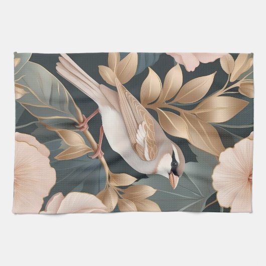 Eleganter Sparrow Rosa und Gold Floral Geschirrtuch (Horizontal)