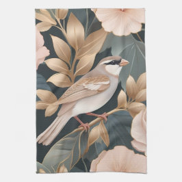 Eleganter Sparrow Rosa und Gold Floral Geschirrtuch