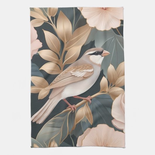 Eleganter Sparrow Rosa und Gold Floral Geschirrtuch (Vertikal)