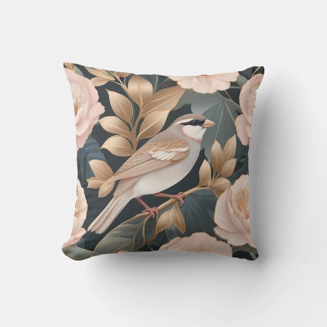 Eleganter Sparrow Rosa und Gold Floral Kissen (Vorderseite)