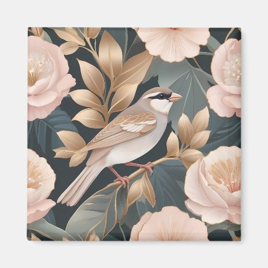 Eleganter Sparrow Rosa und Gold Floral Magnet (Vorne)