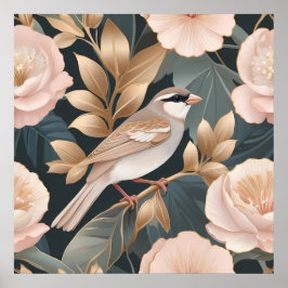 Eleganter Sparrow Rosa und Gold Floral Poster