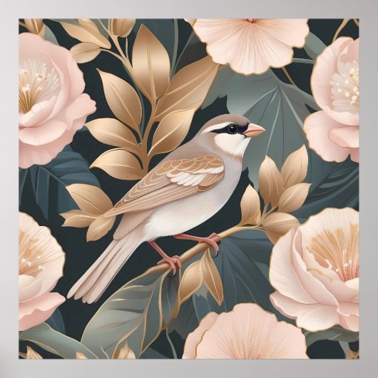 Eleganter Sparrow Rosa und Gold Floral Poster (Vorne)