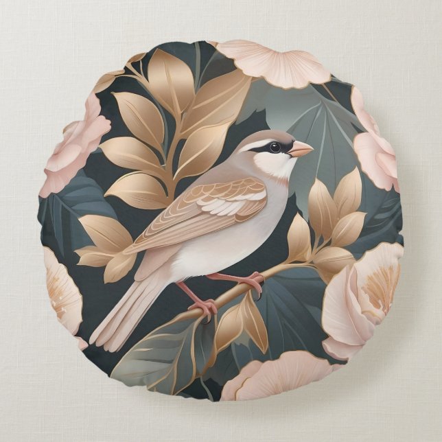 Eleganter Sparrow Rosa und Gold Floral Rundes Kissen (Vorderseite)