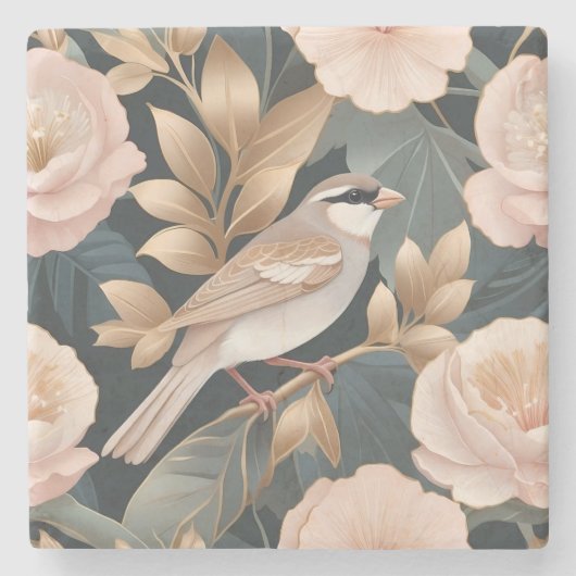 Eleganter Sparrow Rosa und Gold Floral Steinuntersetzer (Vorderseite)