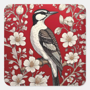 Eleganter Specht-Blumen-William-Morris-Inspiration Quadratischer Aufkleber