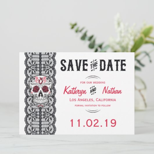 Eleganter Spitzenzuckerschädel Speichern Sie die D Save The Date (Stehend Vorderseite)