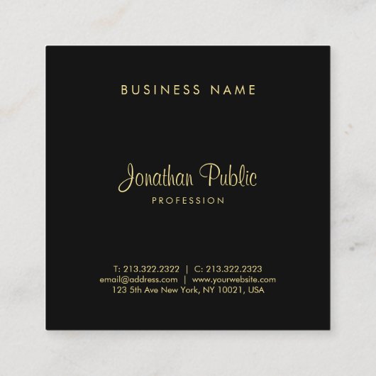 Eleganter Square Script Glamour Schwarz und Gold S Quadratische Visitenkarte (Rückseite)