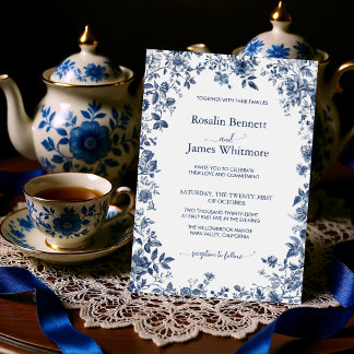 Eleganter staubblauer Blumen-Chinoiserie-Klassiker Einladung