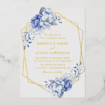 Eleganter staubblauer Blumen-Gold-Geometrie-Hochze