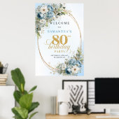 Eleganter staubblauer Blumen-Goldrahmen 80. Geburt Poster (Heimbüro)